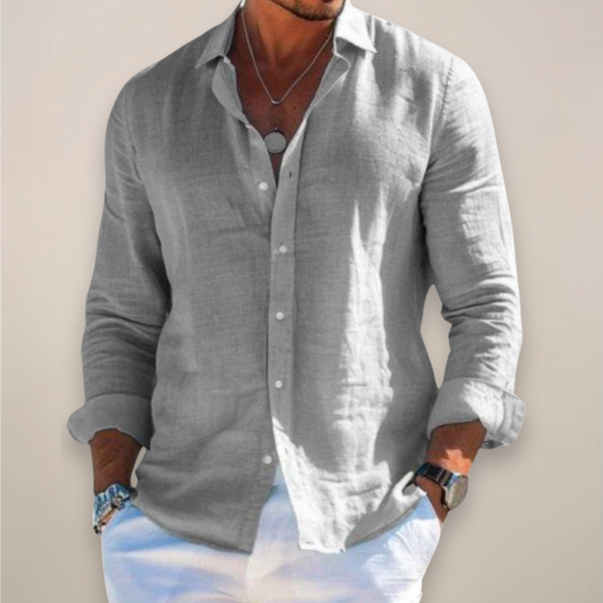 Men’s Linen Casual Long Sleeve Shirt – Solid Colour Button-Up in Multiple Shades