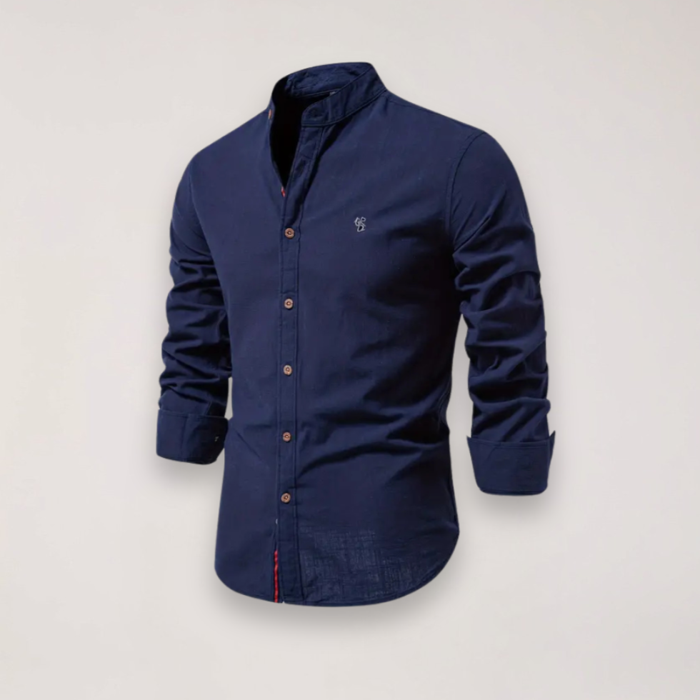 Men’s Long Sleeve Stand Collar Shirt – Embroidered Solid Design for Smart Casual Styling