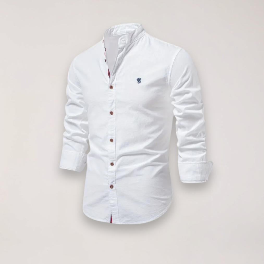 Men’s Long Sleeve Stand Collar Shirt – Embroidered Solid Design for Smart Casual Styling