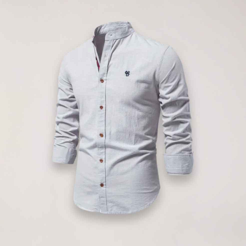 Men’s Long Sleeve Stand Collar Shirt – Embroidered Solid Design for Smart Casual Styling