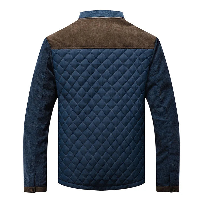 Men’s Quilted Stand Collar Jacket with Contrast Suede Shoulder Panels