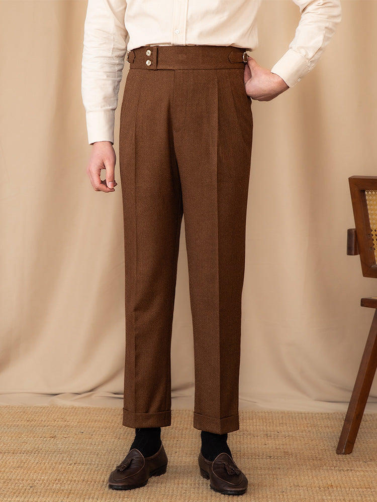 Men’s Tailored Trousers – Wool Blend – High-Rise Waist – Pleated Front – Cuffed Hem