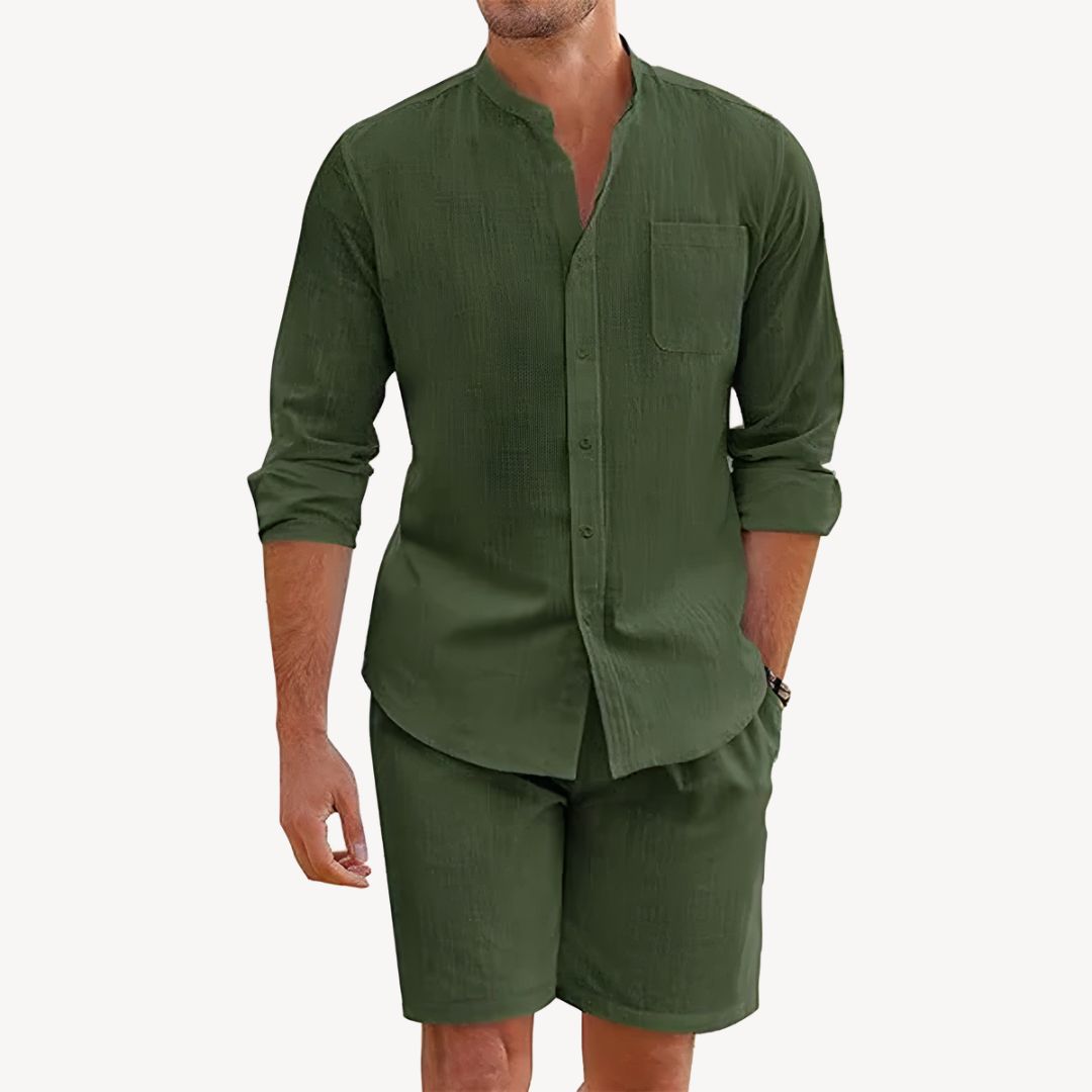 Men’s Two-Piece Summer Set – Button-Up Shirt and Drawstring Shorts – Lightweight – Relaxed Fit