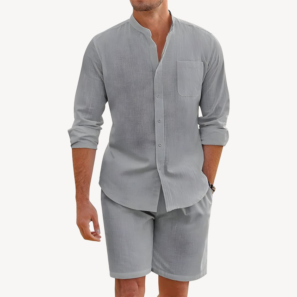 Men’s Two-Piece Summer Set – Button-Up Shirt and Drawstring Shorts – Lightweight – Relaxed Fit