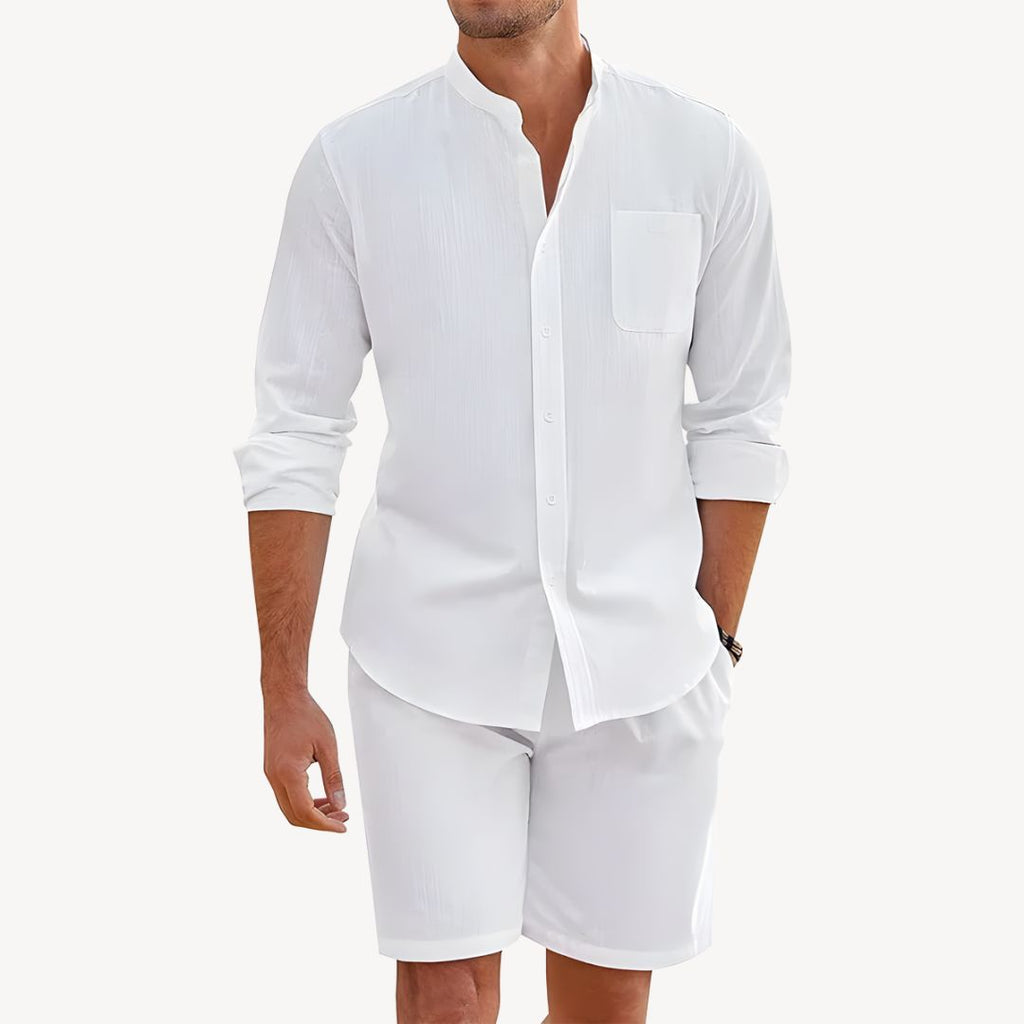 Men’s Two-Piece Summer Set – Button-Up Shirt and Drawstring Shorts – Lightweight – Relaxed Fit