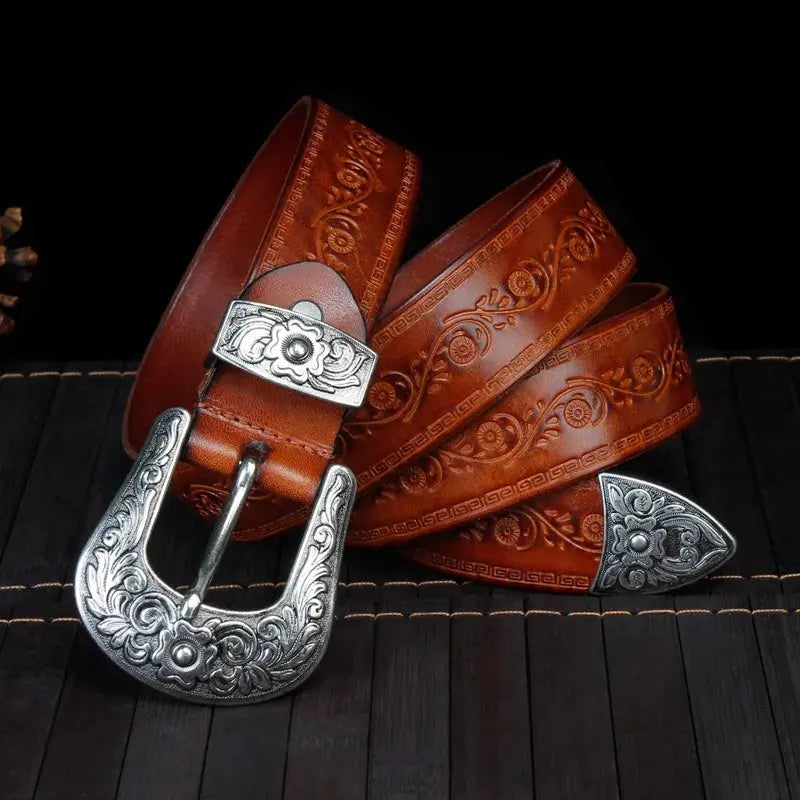Men’s Western Belt with Embossed Detailing and Ornate Buckle – Smart Casual and Evening