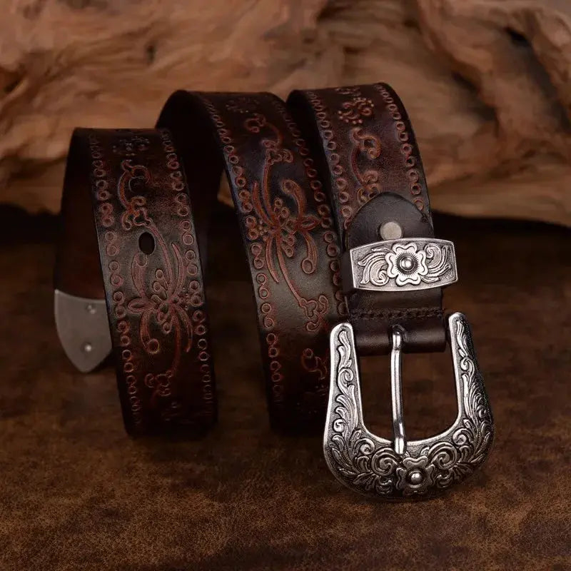 Men’s Western Belt with Embossed Detailing and Ornate Buckle – Smart Casual and Evening