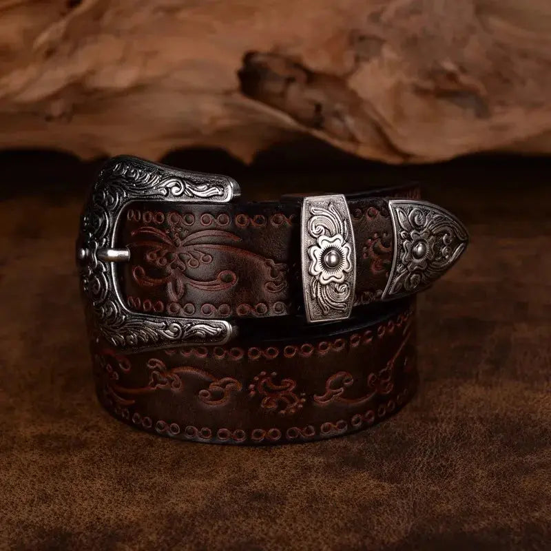 Men’s Western Belt with Embossed Detailing and Ornate Buckle – Smart Casual and Evening