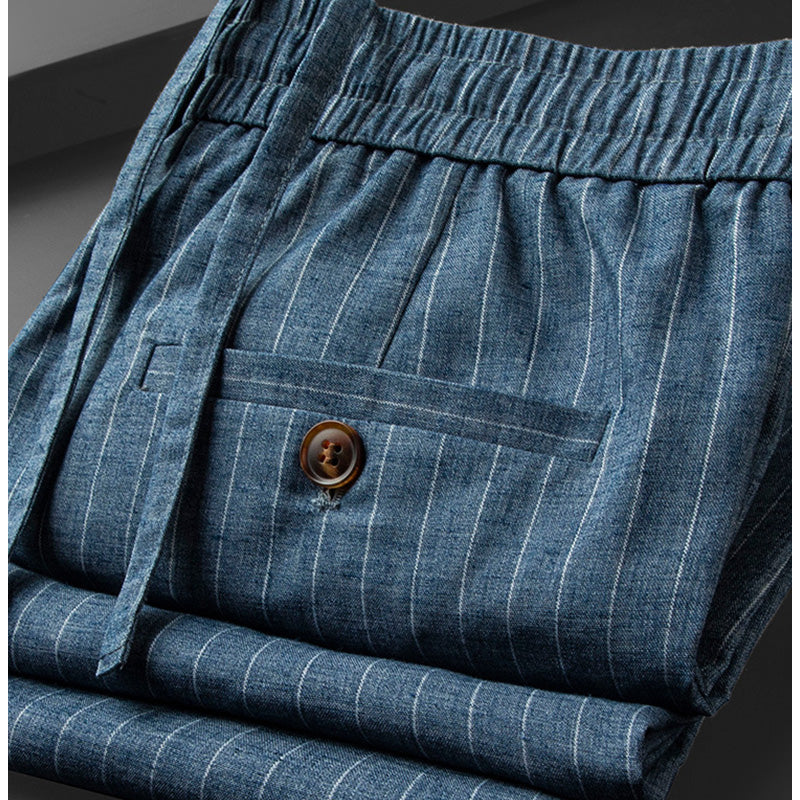 Men's Vertical Pinstripe Tapered Trousers - Smart Casual Pants with Elastic Waist and Pockets