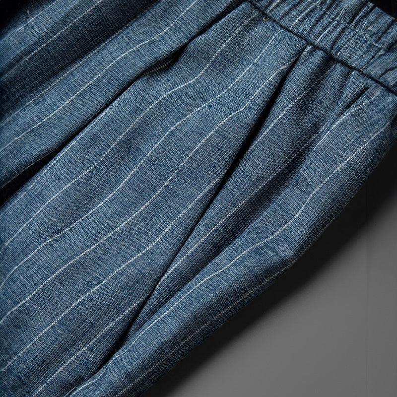 Men's Vertical Pinstripe Tapered Trousers - Smart Casual Pants with Elastic Waist and Pockets