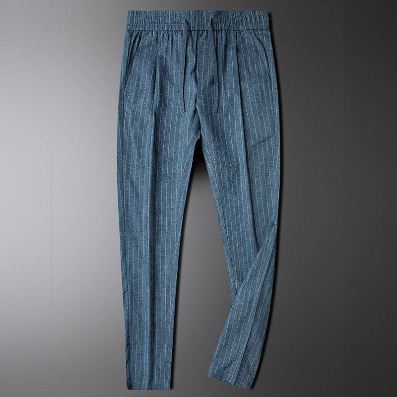 Men's Vertical Pinstripe Tapered Trousers - Smart Casual Pants with Elastic Waist and Pockets