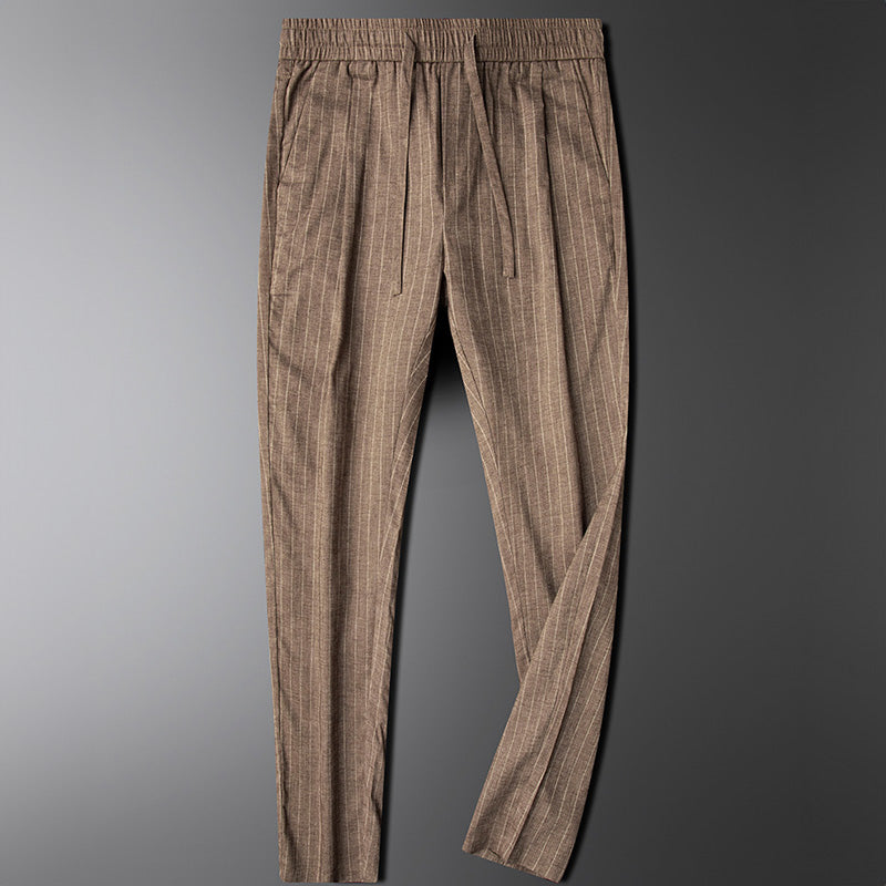 Men's Vertical Pinstripe Tapered Trousers - Smart Casual Pants with Elastic Waist and Pockets