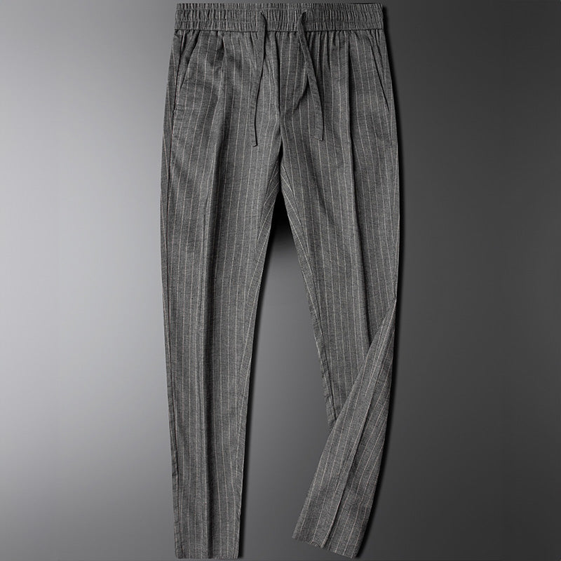 Men's Vertical Pinstripe Tapered Trousers - Smart Casual Pants with Elastic Waist and Pockets