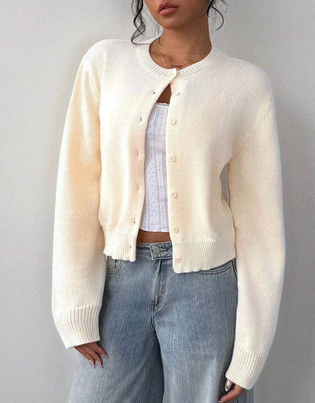 Women's Cropped Cardigan - Round Neck Button-Up Knit with Ribbed Trim