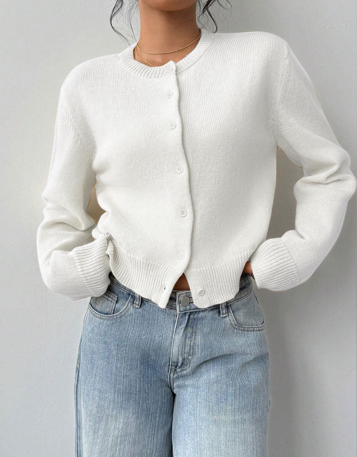 Women's Cropped Cardigan - Round Neck Button-Up Knit with Ribbed Trim
