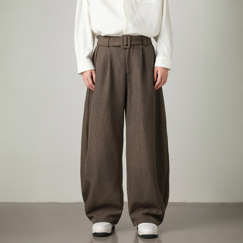 Men’s High-Waisted Wide Leg Trousers with Pleated Waist and Adjustable Belt
