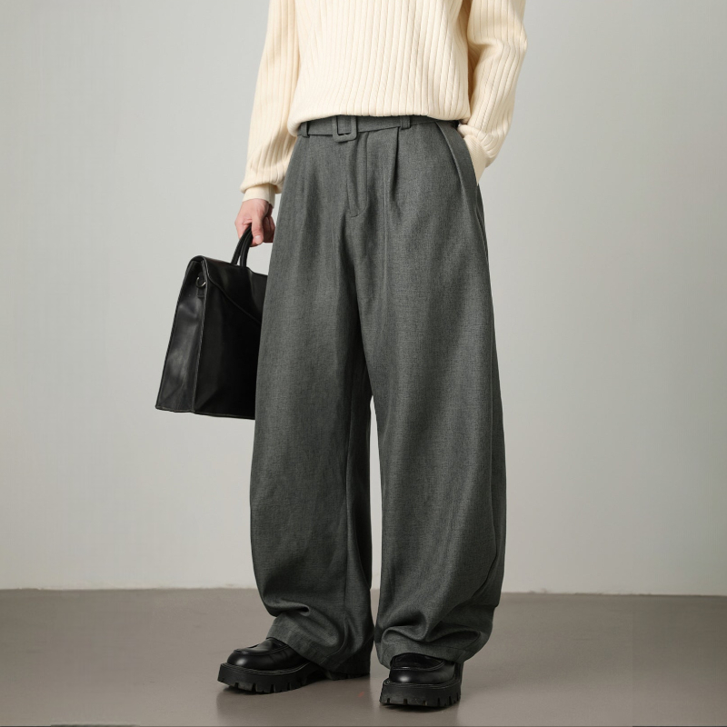 Men’s High-Waisted Wide Leg Trousers with Pleated Waist and Adjustable Belt