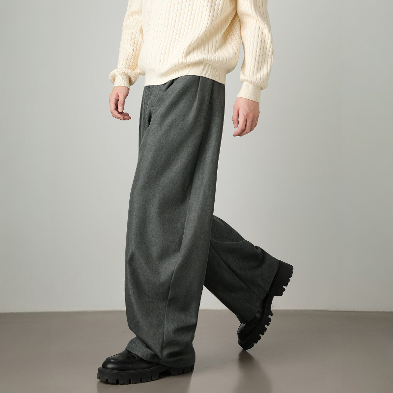 Men’s High-Waisted Wide Leg Trousers with Pleated Waist and Adjustable Belt