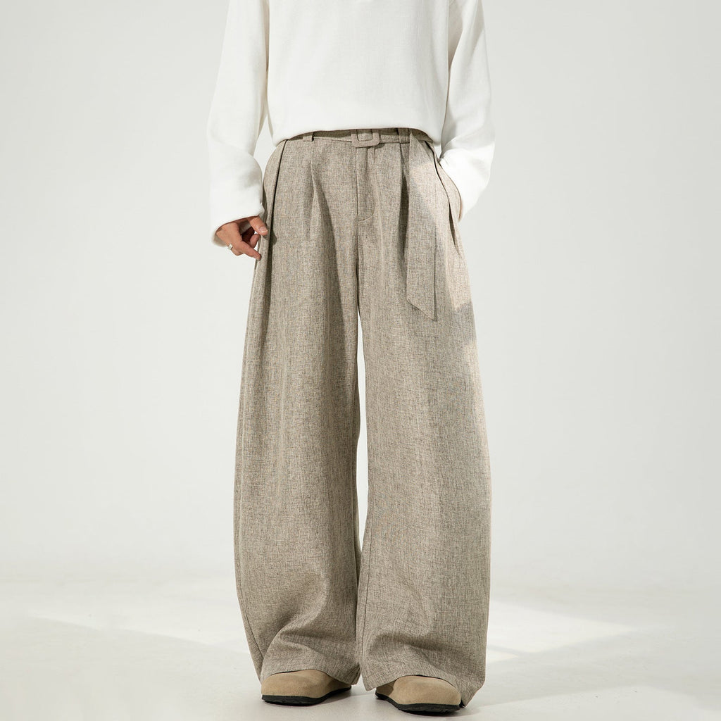 Men’s High-Waisted Wide Leg Trousers with Pleated Waist and Adjustable Belt