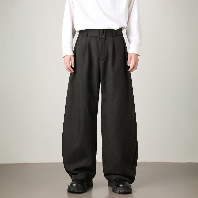 Men’s High-Waisted Wide Leg Trousers with Pleated Waist and Adjustable Belt