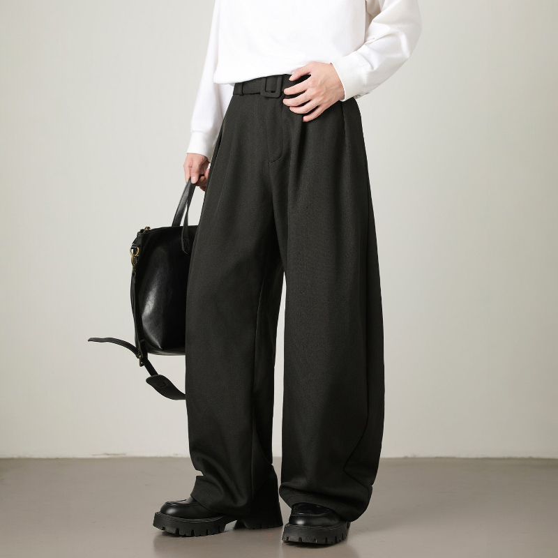 Men’s High-Waisted Wide Leg Trousers with Pleated Waist and Adjustable Belt