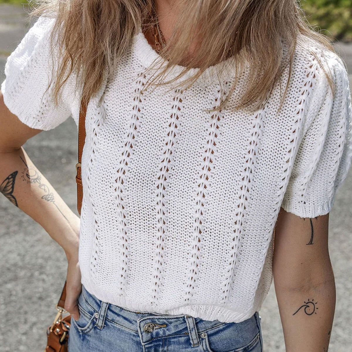 Women's Short Sleeve Knit Top - Round Neck Pointelle Detail Puff Sleeve