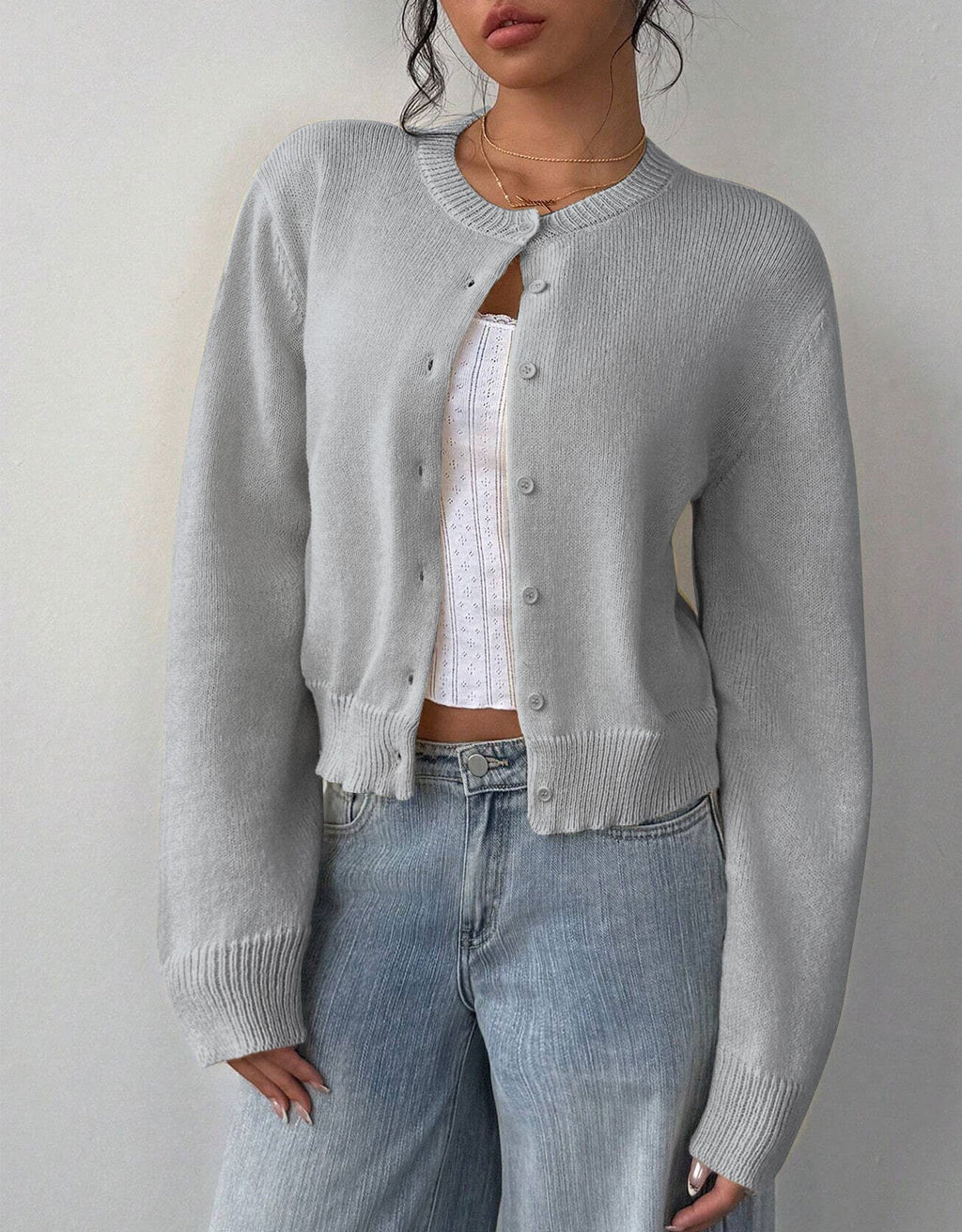 Women's Cropped Cardigan - Round Neck Button-Up Knit with Ribbed Trim