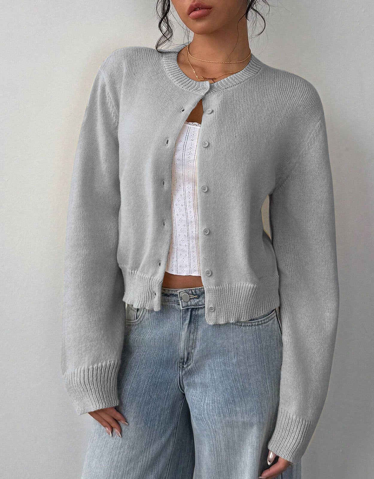 Women's Cropped Cardigan - Round Neck Button-Up Knit with Ribbed Trim