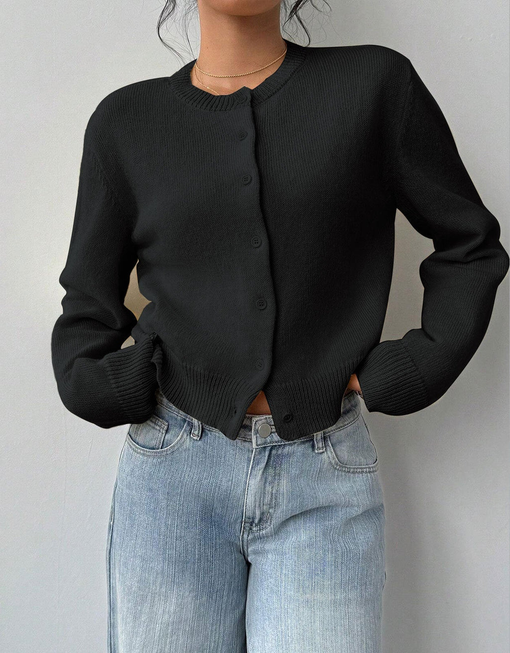 Women's Cropped Cardigan - Round Neck Button-Up Knit with Ribbed Trim