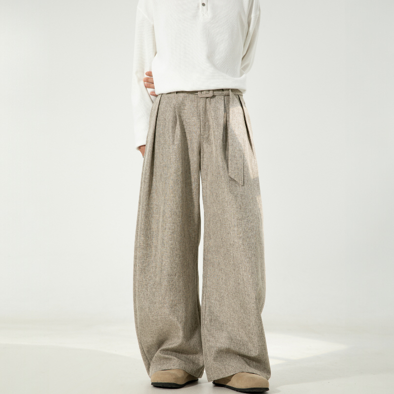 Men’s High-Waisted Wide Leg Trousers with Pleated Waist and Adjustable Belt