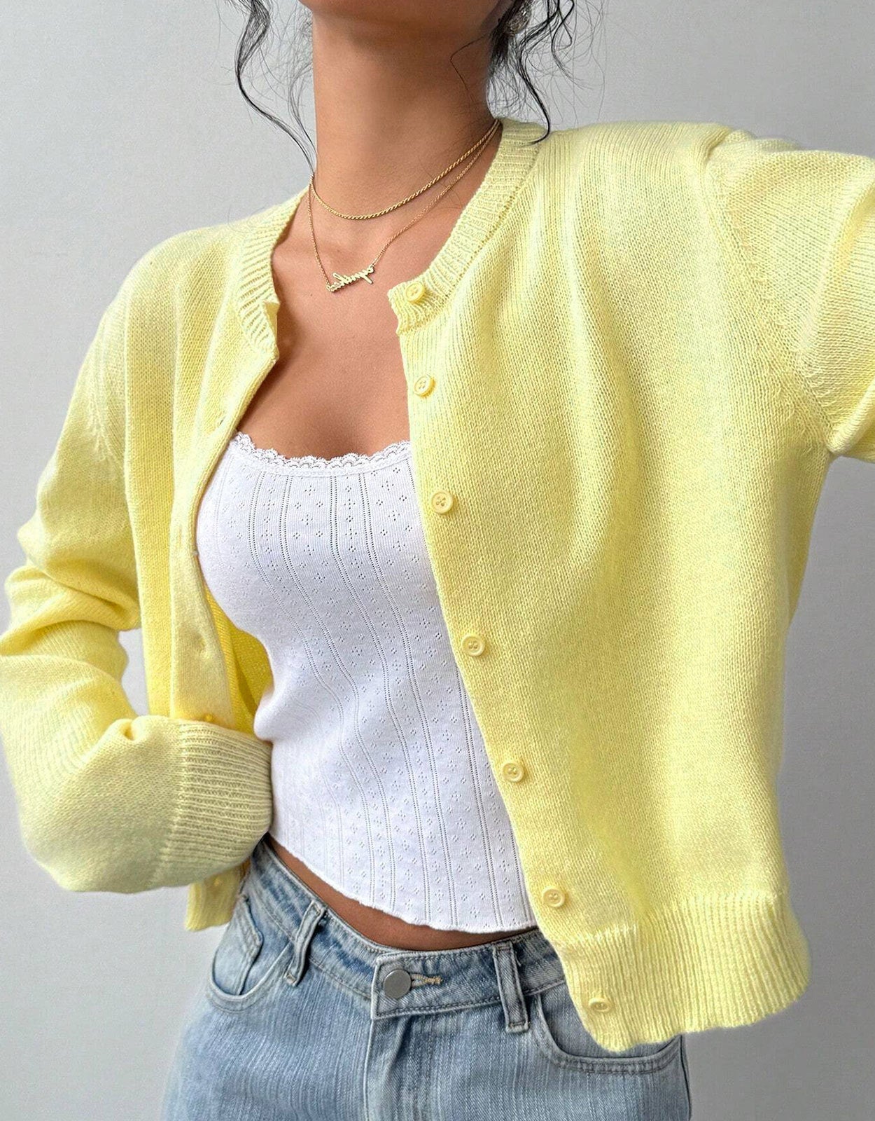 Women's Cropped Cardigan - Round Neck Button-Up Knit with Ribbed Trim