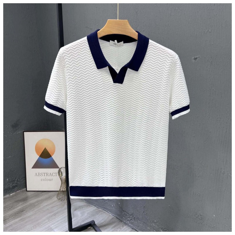 Men’s Short Sleeve Zigzag Knit Polo with Contrast Collar