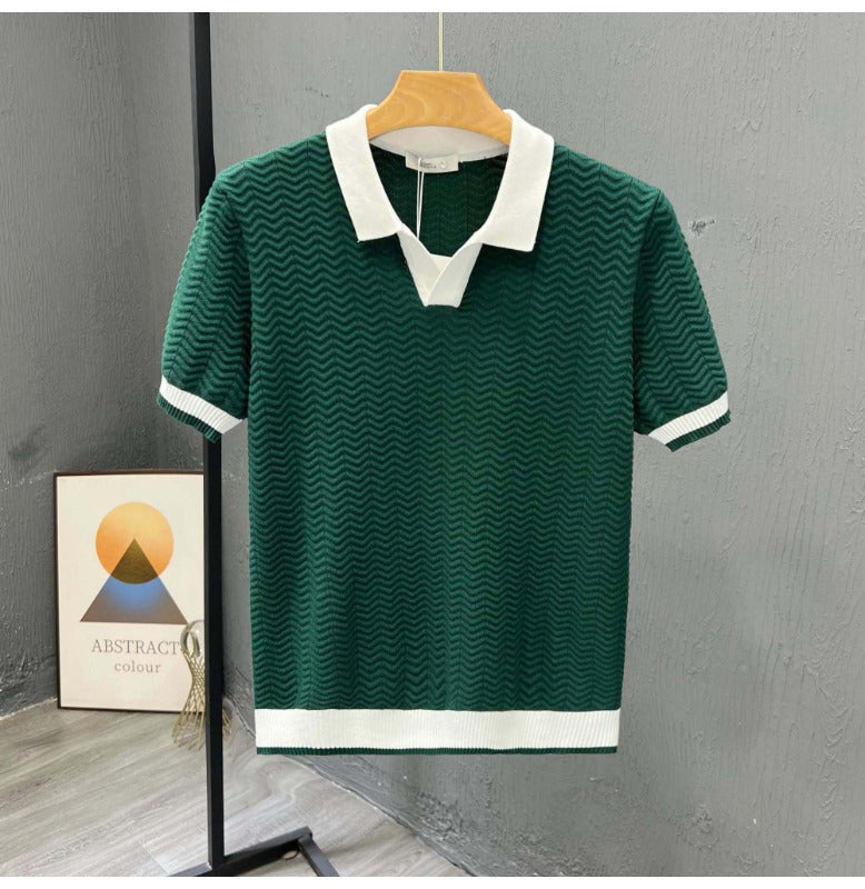 Men’s Short Sleeve Zigzag Knit Polo with Contrast Collar