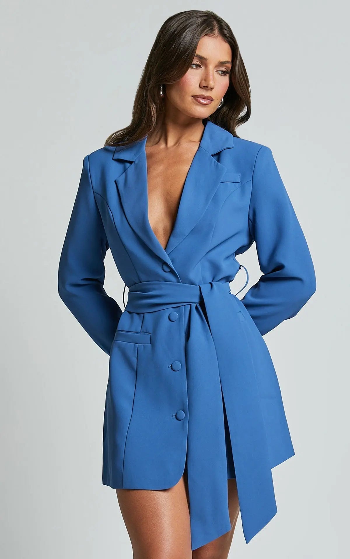 Women’s Tailored Blazer Dress with Waist Belt – Structured Mini Silhouette