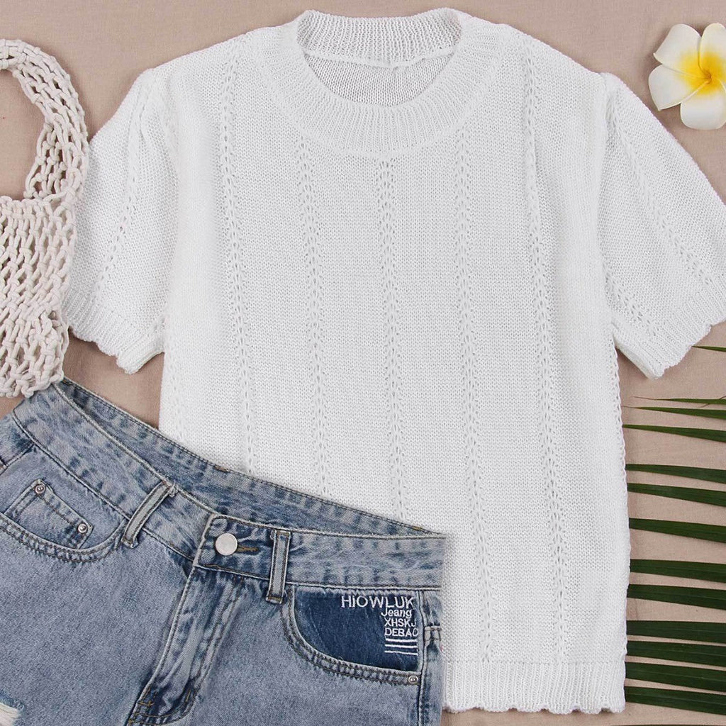 Women's Short Sleeve Knit Top - Round Neck Pointelle Detail Puff Sleeve