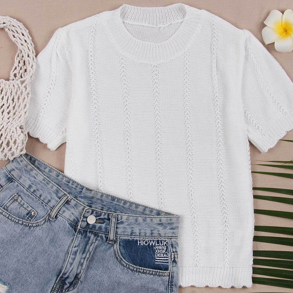 Women's Short Sleeve Knit Top - Round Neck Pointelle Detail Puff Sleeve