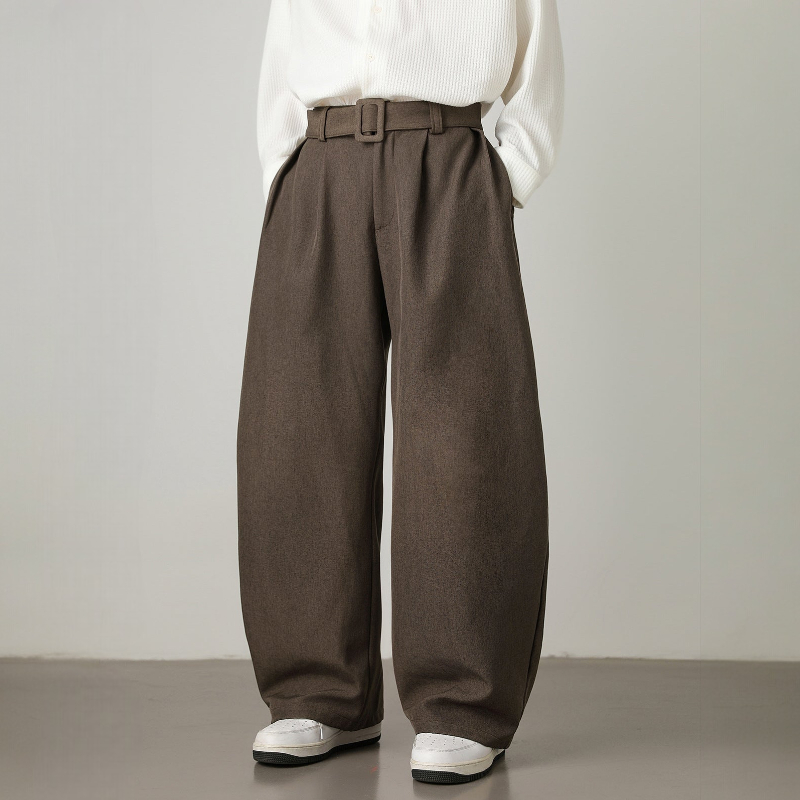 Men’s High-Waisted Wide Leg Trousers with Pleated Waist and Adjustable Belt