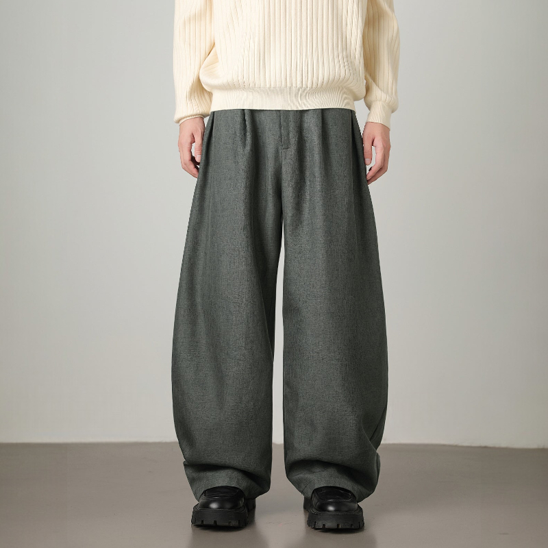 Men’s High-Waisted Wide Leg Trousers with Pleated Waist and Adjustable Belt
