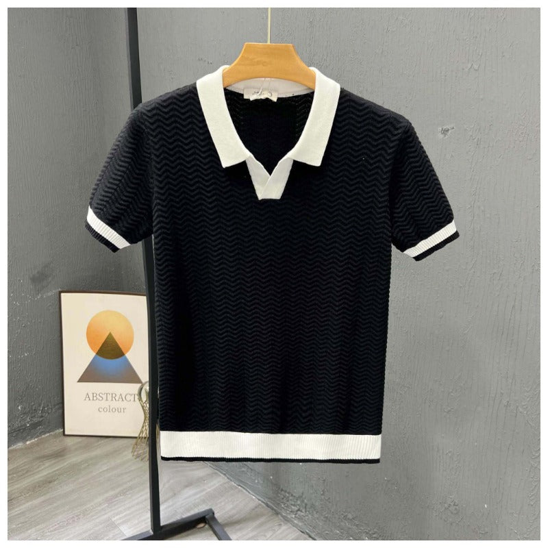 Men’s Short Sleeve Zigzag Knit Polo with Contrast Collar