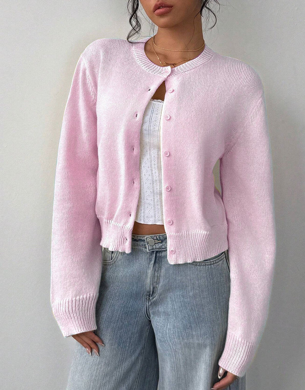Women's Cropped Cardigan - Round Neck Button-Up Knit with Ribbed Trim