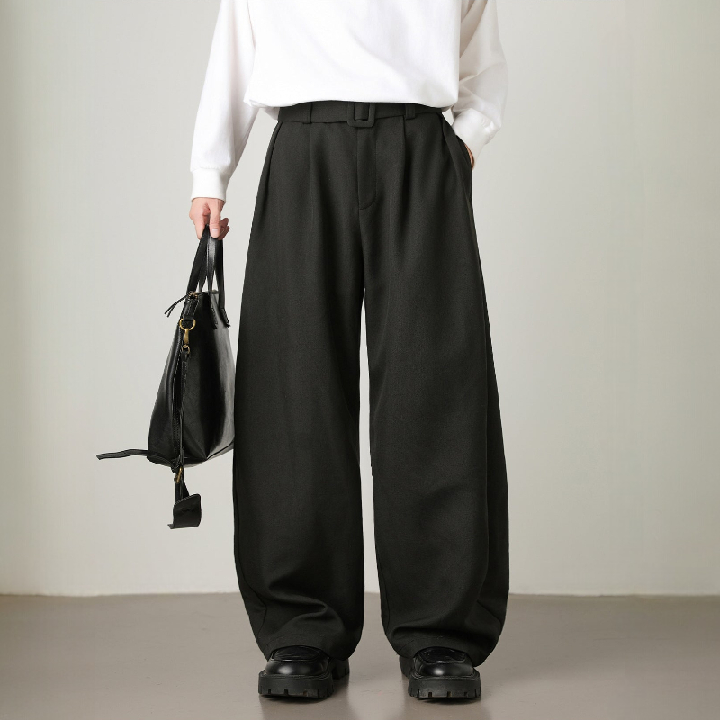 Men’s High-Waisted Wide Leg Trousers with Pleated Waist and Adjustable Belt