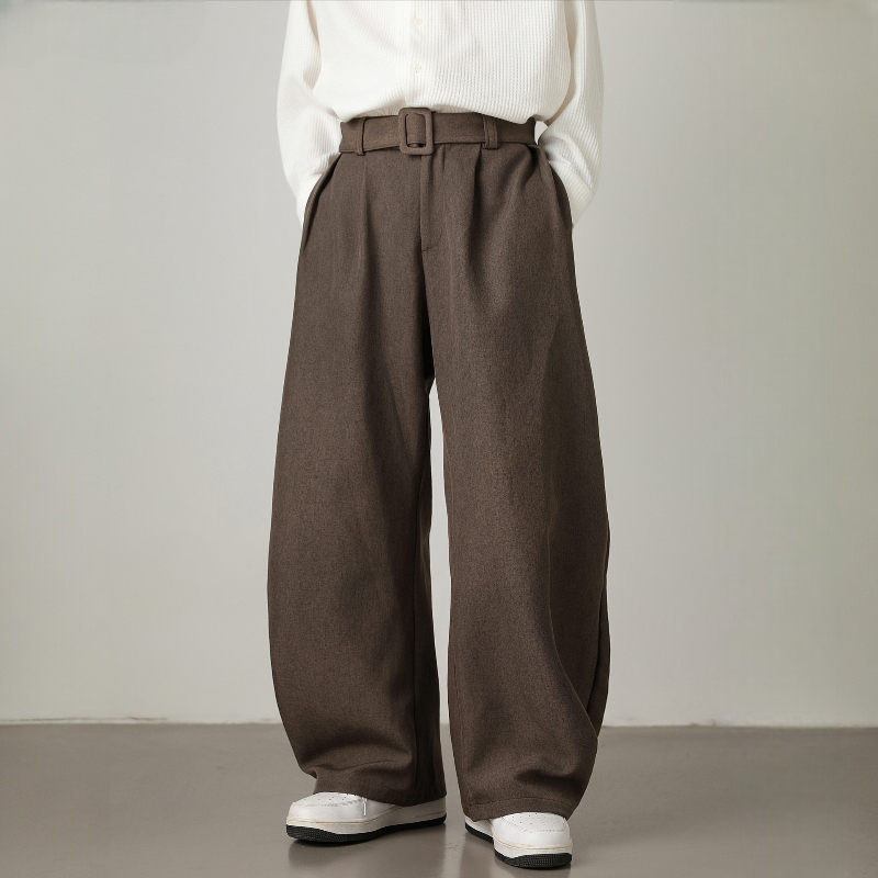 Men’s High-Waisted Wide Leg Trousers with Pleated Waist and Adjustable Belt