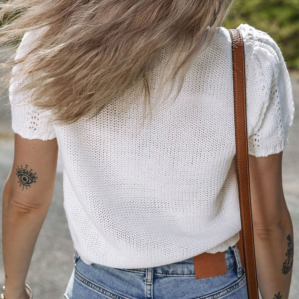 Women's Short Sleeve Knit Top - Round Neck Pointelle Detail Puff Sleeve