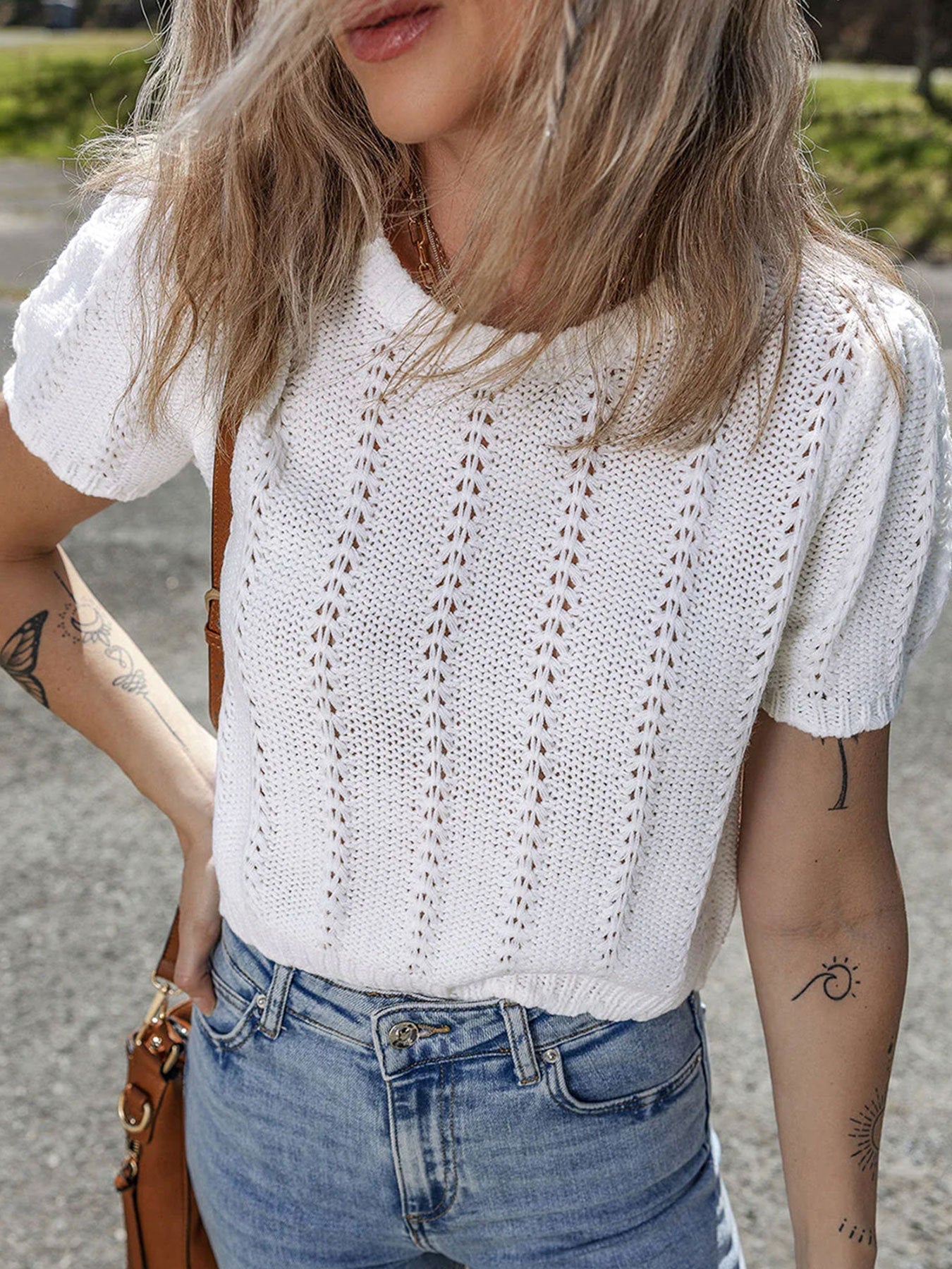 Women's Short Sleeve Knit Top - Round Neck Pointelle Detail Puff Sleeve