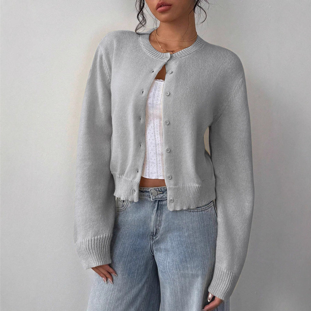 Women's Cropped Cardigan - Round Neck Button-Up Knit with Ribbed Trim