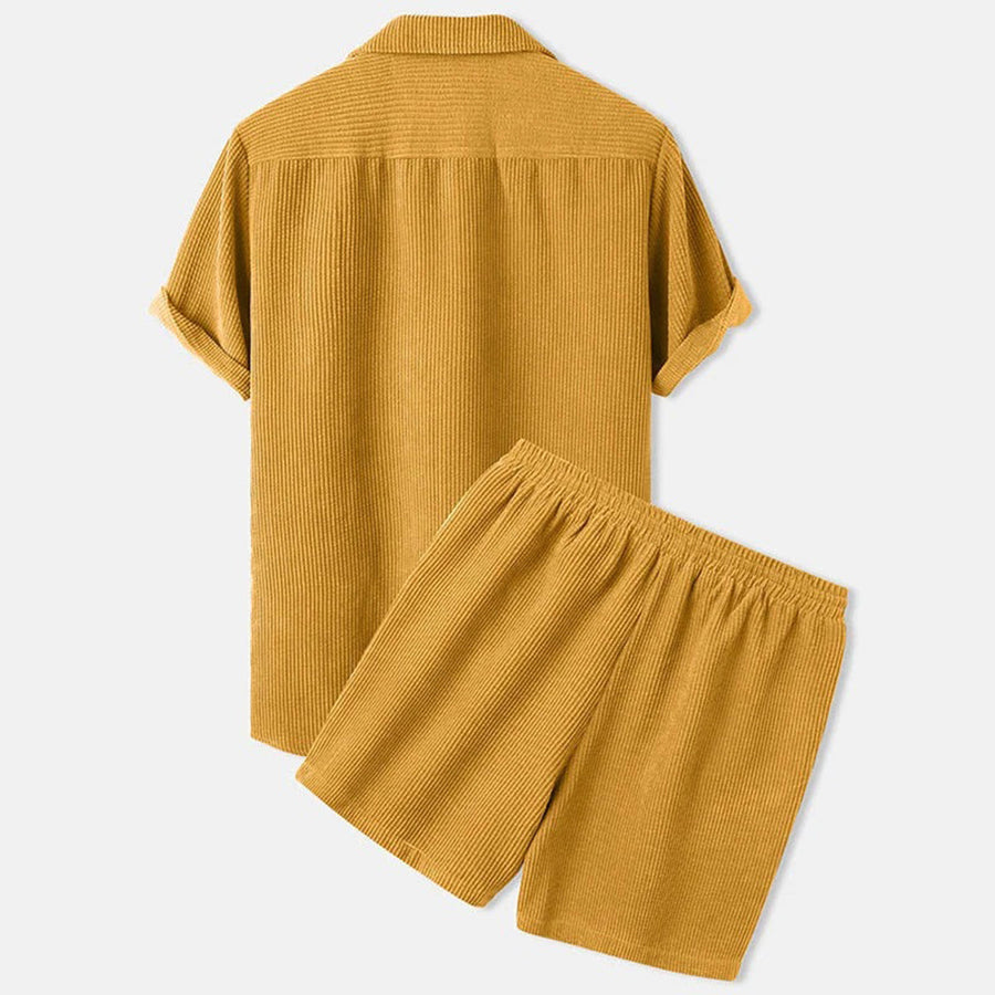 Men’s Two-Piece Set - Textured Short Sleeve Button Shirt and Elasticated Drawstring Shorts Set