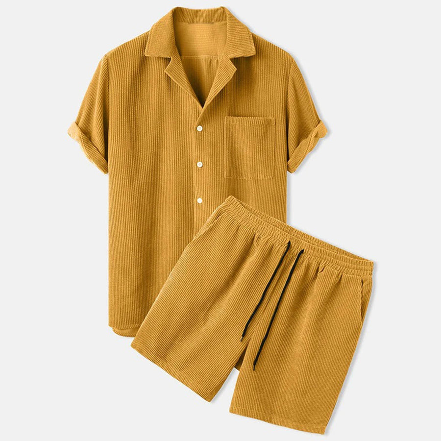 Men’s Two-Piece Set - Textured Short Sleeve Button Shirt and Elasticated Drawstring Shorts Set