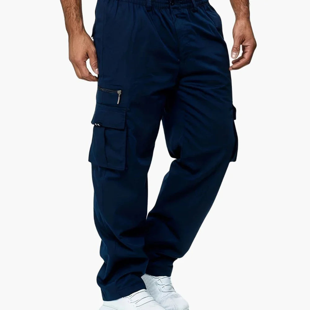 Men's Cargo Pants - Elasticated Waist - Multi-Pocket - Zip and Flap Cargo Pockets - Straight Leg - Full Length