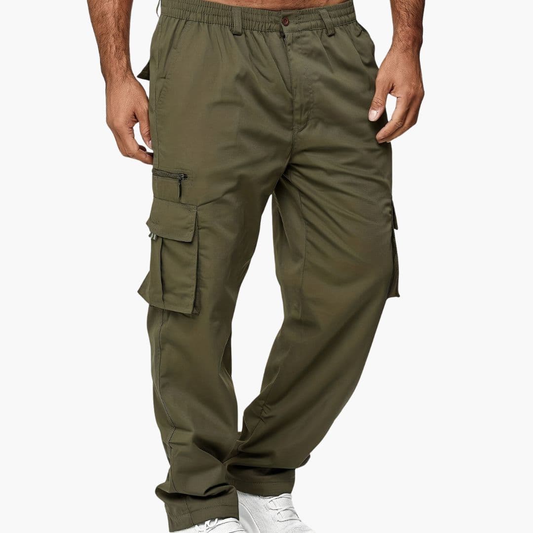 Men's Cargo Pants - Elasticated Waist - Multi-Pocket - Zip and Flap Cargo Pockets - Straight Leg - Full Length