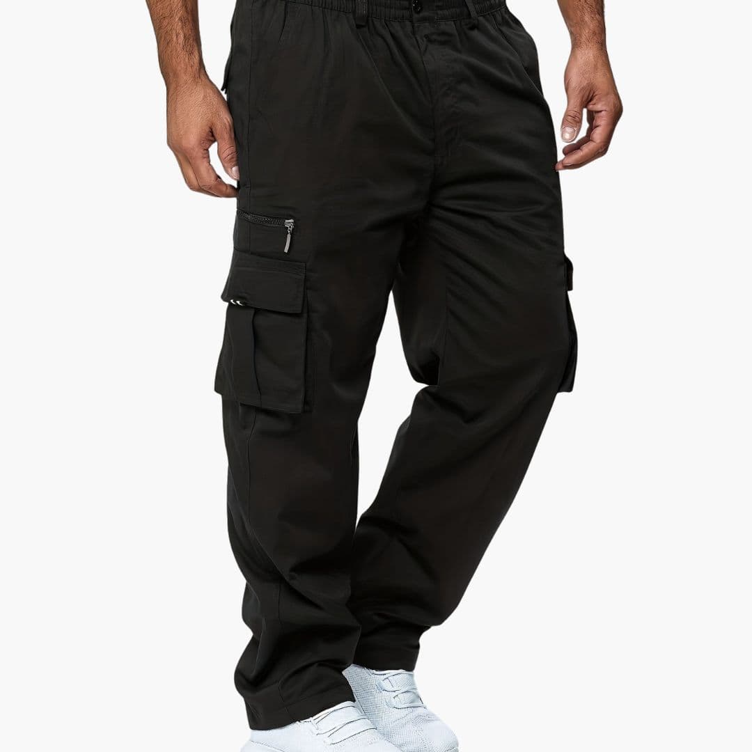 Men's Cargo Pants - Elasticated Waist - Multi-Pocket - Zip and Flap Cargo Pockets - Straight Leg - Full Length